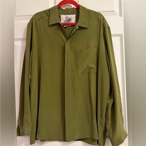Egdon Heath Man's Vintage Silk Shirt Button Down Green Casual Long Sleeve XL